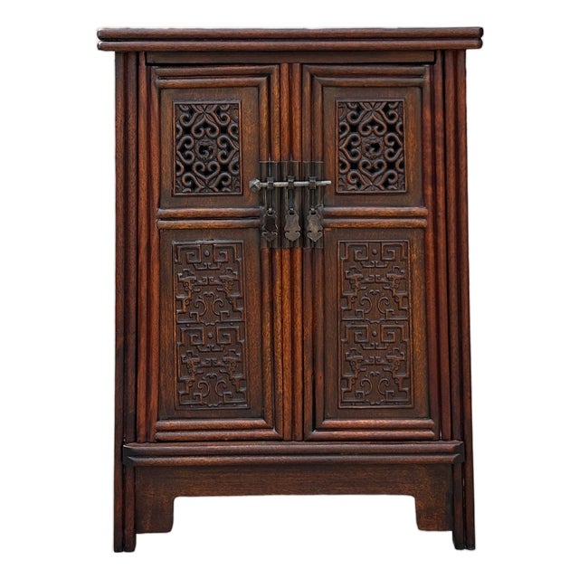26.75" Natural Wood Pattern Brown Carving 2 Doors Small Cabinet Chest For Sale