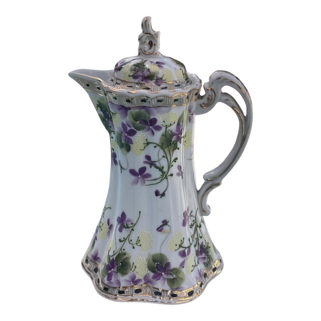 Antique Nippon Porcelain Hand Painted Chocolate Pot, Floral Moriage For Sale