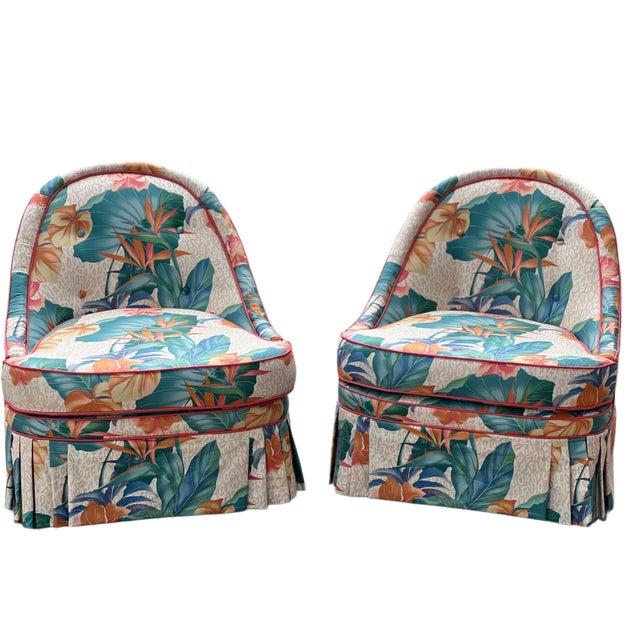1980s Pair Palm Beach Style Slipper Chairs and Ottoman For Sale - Image 18 of 18
