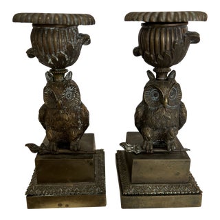 Early 1900s Owl Figurine Brass Candlesticks - a Pair For Sale