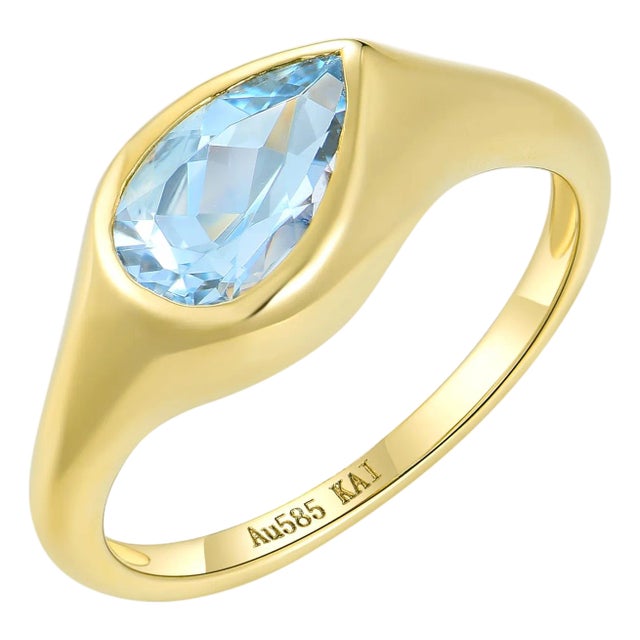 Kai Gloria 1.50ctw Pear Natural Aquamarine Ring Size 6 in 14k Yellow Gold For Sale