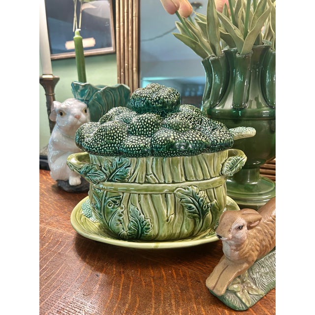Make a memorable statement at the table with this monumental vintage majolica broccoli tureen, complete with its original...