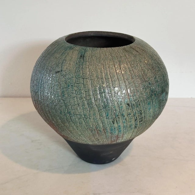 Mid-Century Hand Thrown Raku Pottery Vase in Bulbous Form in Shades of Turquoise and Rust For Sale - Image 4 of 9