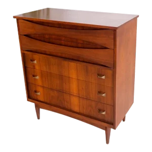Danish Mid-Century Modern 5 Drawers High Chest Dresser Bow Tie Pulls Dowel Leg