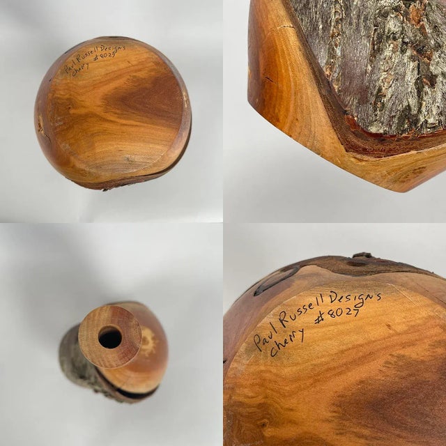 Paul Russell Designs Hand Turned Cherry Wood Live Edge Vase, Signed For Sale - Image 10 of 13
