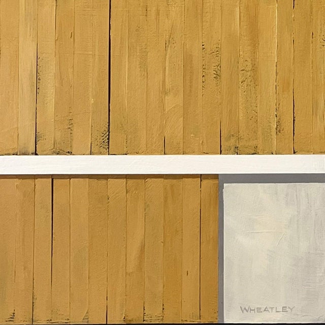 "Autumn Afternoon" is an acrylic on panel landscape painting by Justin Wheatley, completed in 2026. A yellow-ochre barn...