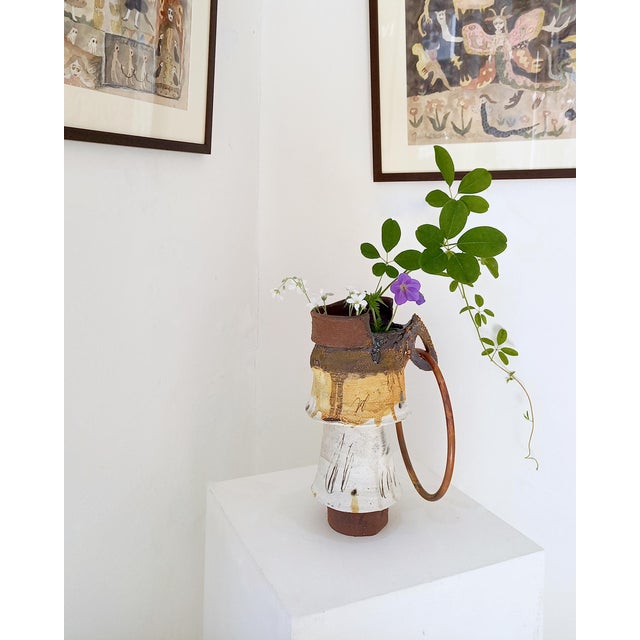Contemporary Abstract Ceramic Sculpture Vase With Copper Ring For Sale - Image 10 of 16
