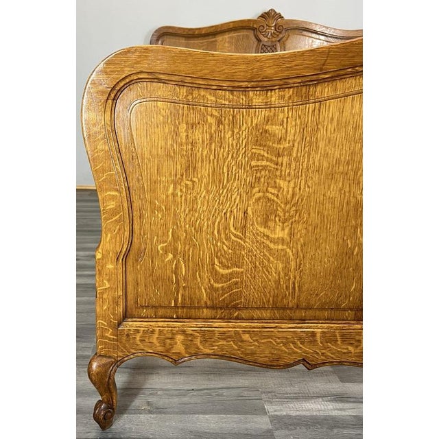 Vintage French Louis XVI Oak Double Bed Frame with Carved Headboard For Sale - Image 5 of 11