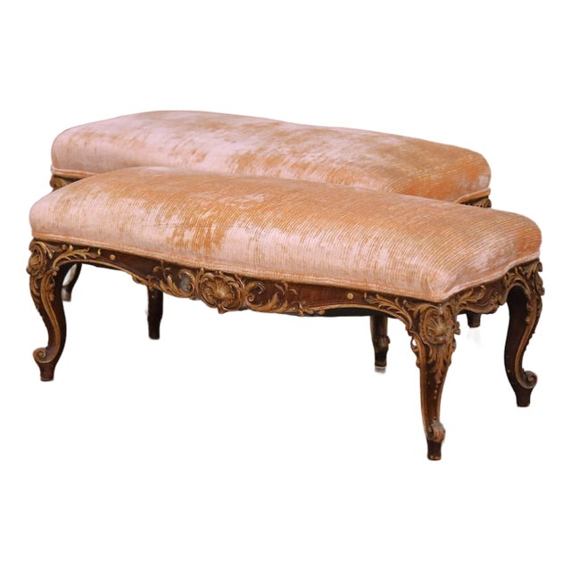 Pair of 19th C. French Louis XV Painted Walnut Benches With Gold Leaf Accents For Sale