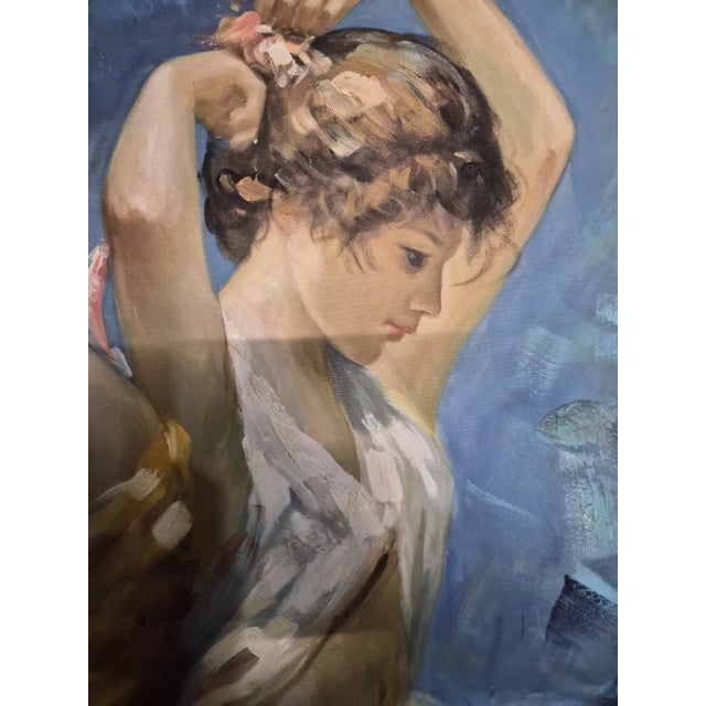 Style: Contemporary Spanish Impressionism / Luminism. Subject: Two young women in draped garments against a vibrant,...