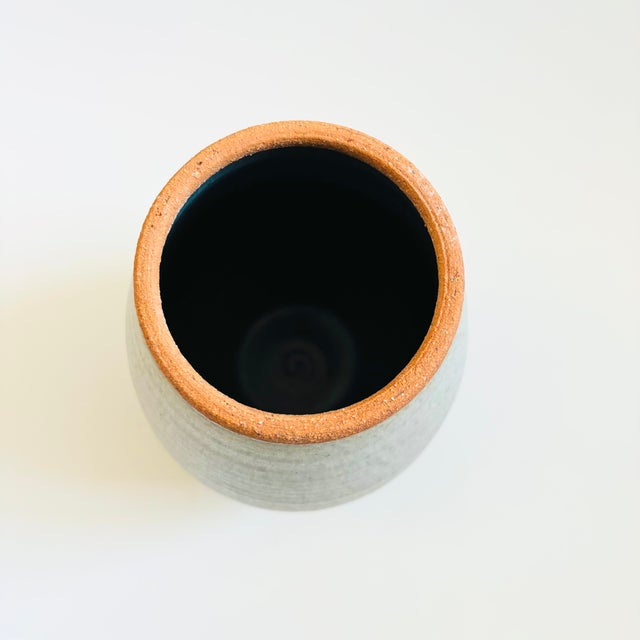 Contemporary Large Gray Pottery Vase With Blue Interior For Sale - Image 3 of 9