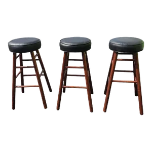 Set of 3 Mid-Century Maple and Leather Seat Bar Stools