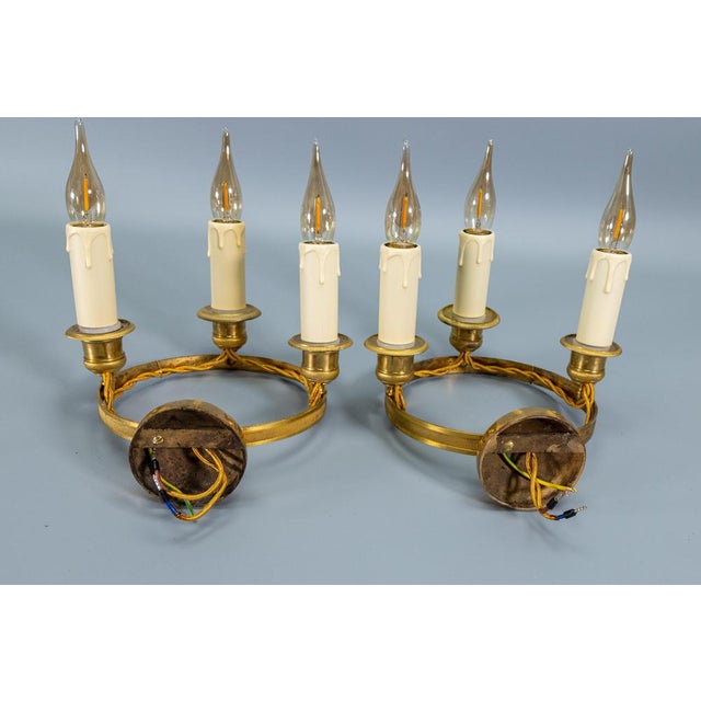 Empire French Brass and Bronze Three-Light Wall Sconces, 1920s, Set of 2 For Sale - Image 16 of 18