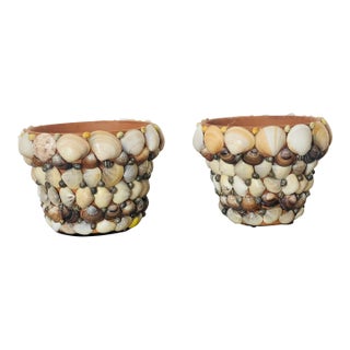 1970s Cute Coastal Pair of Small Sea Shell Encrusted Pots /Planters For Sale