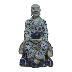 Chinese Vintage Ceramic Buddhist Sculpture,Hand Carved Blue and White Porcelain the Eighteen Arhats Statue