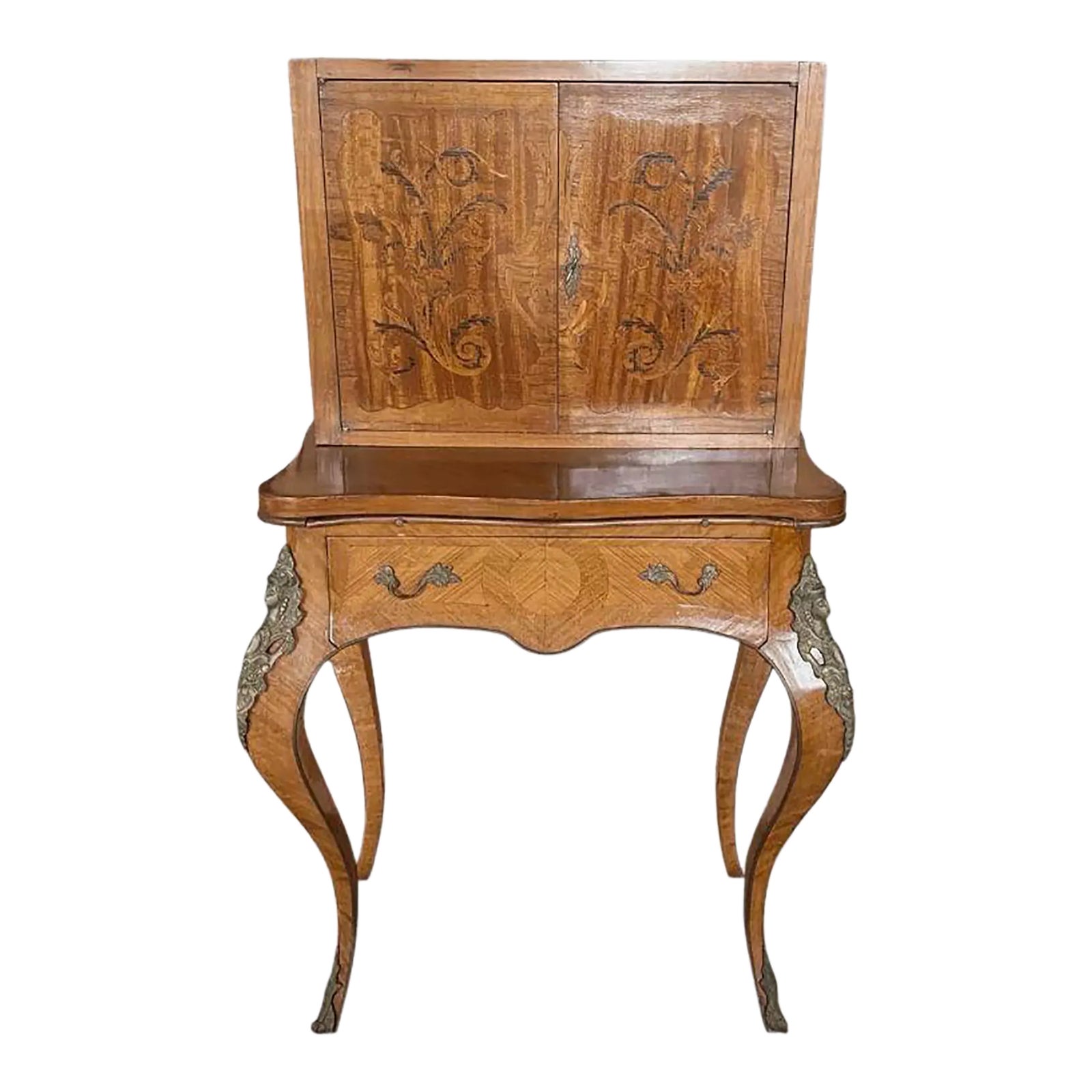 French Rococo Style Louis XV Writing Desk Inlaid Wood 1930s | Chairish