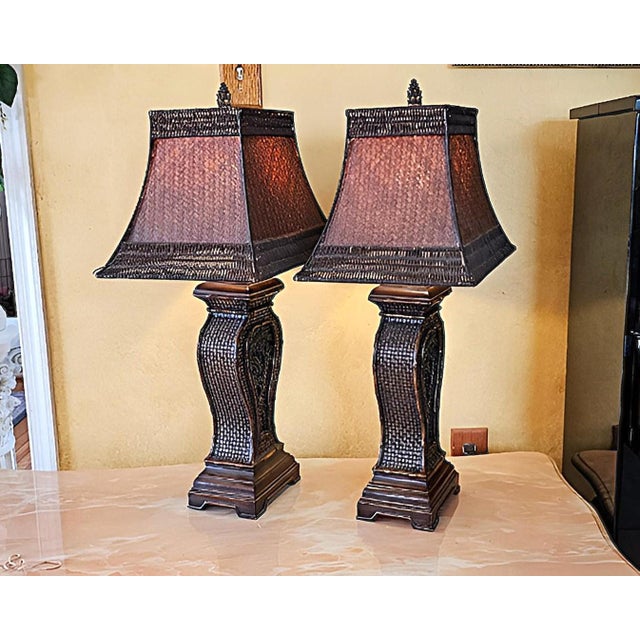 Pair of French Verdi Table Lamps With Rectangular Woven Rattan Shades For Sale - Image 10 of 18