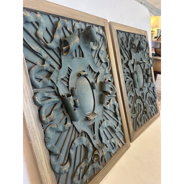 Framed Iron Architectural Fragments With Verdigris Patina- A Pair For Sale - Image 10 of 11