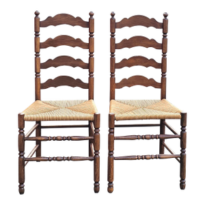Mid 20th Century Pair Mid-Century Ladder Back Maple and Rush Seats Side Chairs