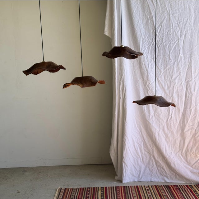 Medium Flat Corrugated Teak Leaf Pendant Light with Floral Stripes, 1980s For Sale - Image 6 of 18