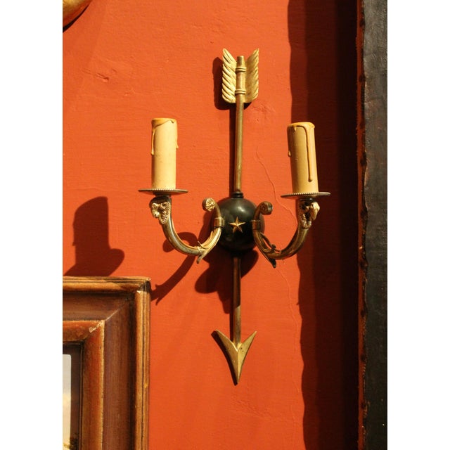 Metal Mid-Century Modern Wall Sconces Arrow and Rams Head Design in the style of Maison Bagues, 1950s, Set of 2 For Sale - Image 7 of 14