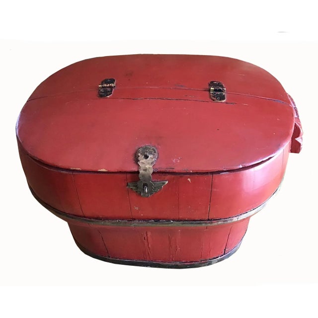 Vintage Chinese Red Painted Wooden Box With Lid & Brass Hardware For Sale - Image 4 of 10