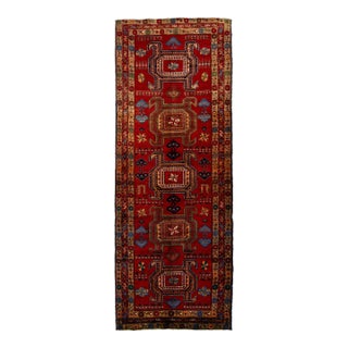 Vintage Runner Rug: Red Wool Persian Heriz With Tribal Pattern 1950s For Sale