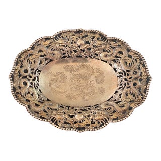 Late 19th Century Wang Hing Chinese Sterling Silver Reticulated Dish With Dragon and Bat Motifs For Sale