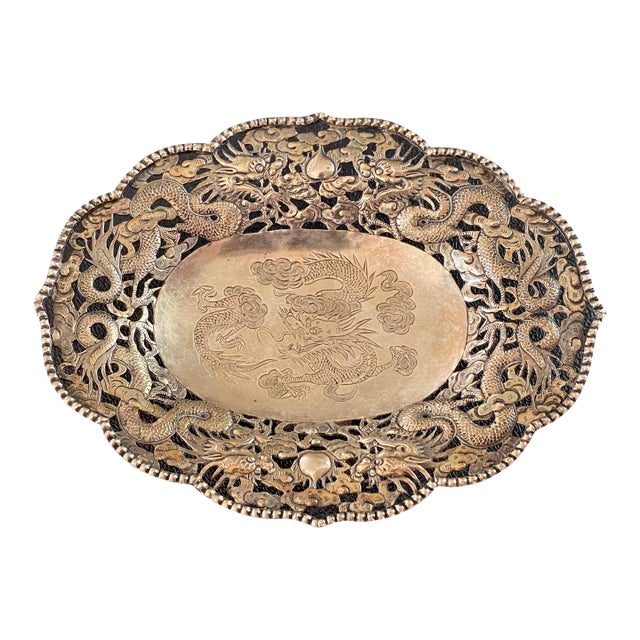 Late 19th Century Wang Hing Chinese Sterling Silver Reticulated Dish With Dragon and Bat Motifs For Sale