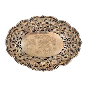 Late 19th Century Wang Hing Chinese Sterling Silver Reticulated Dish With Dragon and Bat Motifs
