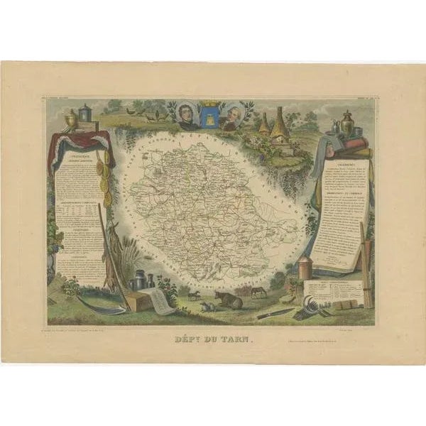 Antique map titled 'Dépt. du Tarn'. Map of the French department of Tarn, France. This area produces a variety of...