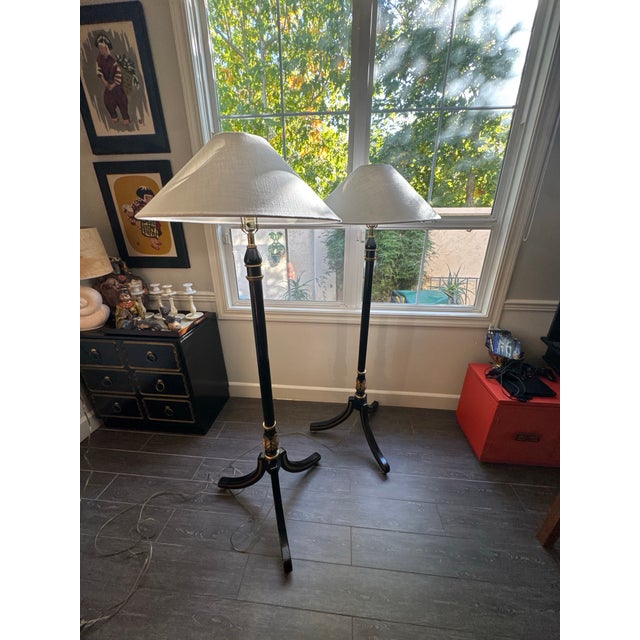 Vintage, Neoclassical Ebonized & Gilt Tripod Floor Lamps Pair For Sale - Image 9 of 12