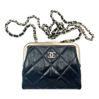 Chanel Brand New Black Crinkled Leather Coin Purse Crossbody Bag For Sale