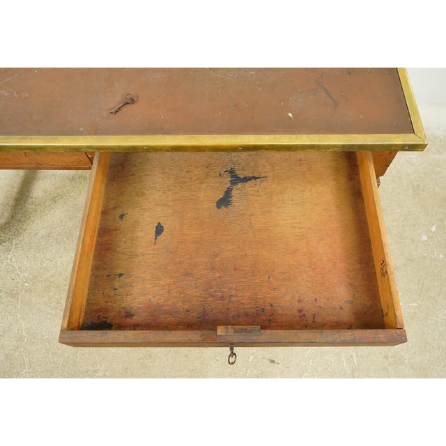 Brown Mid 20th Century Banque De France Leather Top Wood Bank Writing Desk For Sale - Image 8 of 16