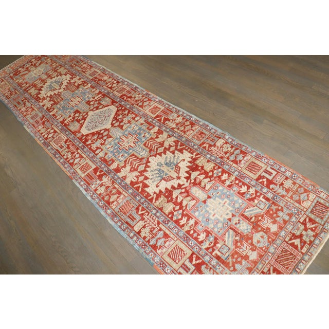 Red Persian Icy Blue Heriz Runner rug no. j5198 For Sale In New York - Image 6 of 8