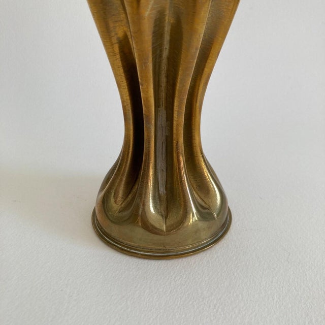 Antique French Metal Trench Art Artillery Shell Vase W/ Incised Geometric Pattern - Brass - Distressed Patina Finish Early 20th Century For Sale - Image 4 of 9