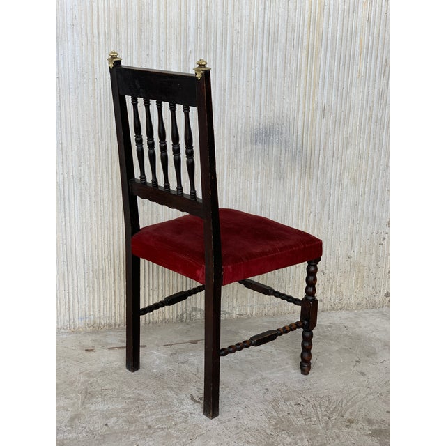 19th Set of Six Spanish Chairs With Bronze Details and Red Velvet Upholstery For Sale - Image 4 of 11