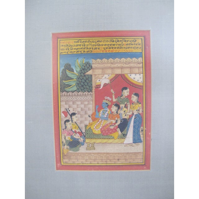 Indian Indian Hindu Krishna & Radha Manuscript Mughal Art Illustration Print Framed For Sale - Image 3 of 6