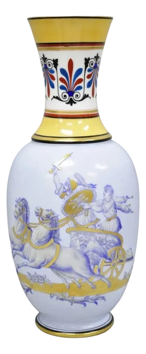 Vintage Greco Roman Classical Style Light Blue Porcelain Horse & Chariot Vase