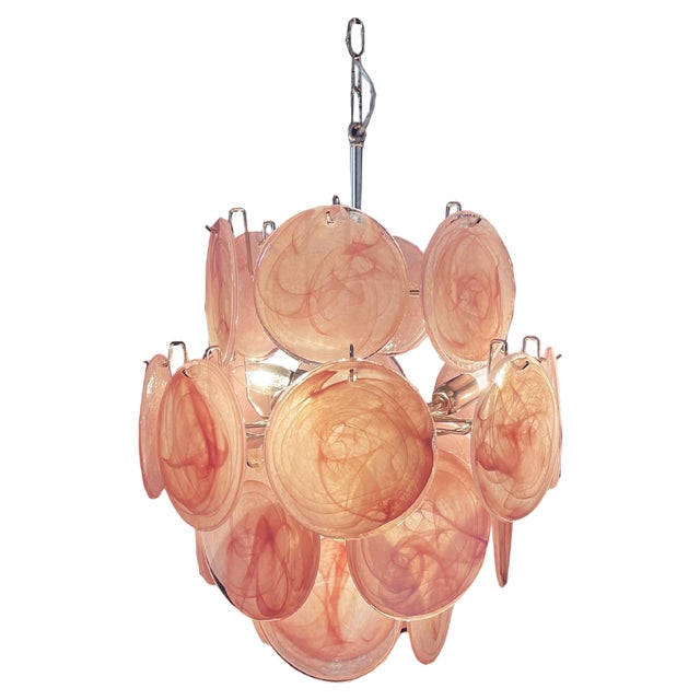 Vintage Italian Murano Chandelier with 24 Pink Disks, 1978 For Sale