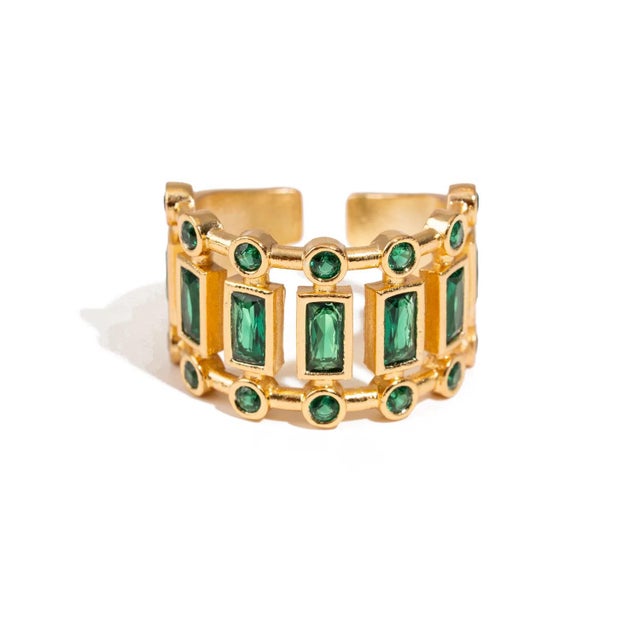 Metal Radiant Majesty Emerald Gold Adjustable Cuff Ring, Size 8 For Sale - Image 7 of 7