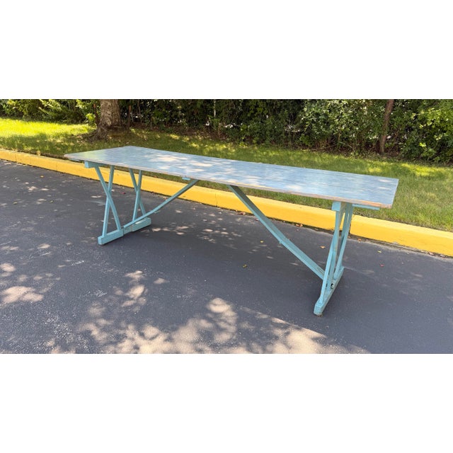 Vintage Folding Dining Table with amazing original blue painted base. Grey painted top, slight gloss finish, distressed...