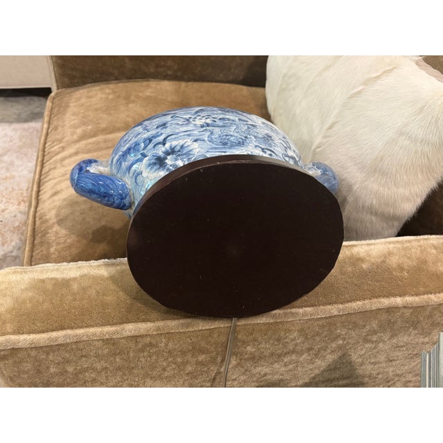 Large Scale Chinoiserie Blue and White Porcelain Table Lamp With Sculptural Bird Handles For Sale - Image 13 of 14