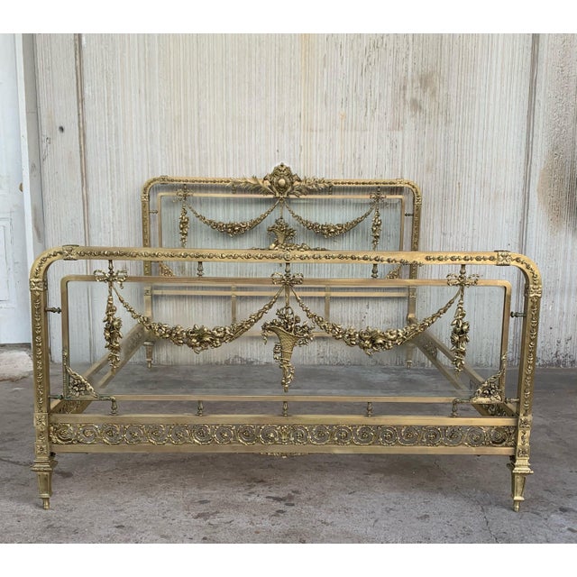 19th Century French Belle Époque Full Bronze Iron Brass and Glass Bedframe For Sale - Image 4 of 12