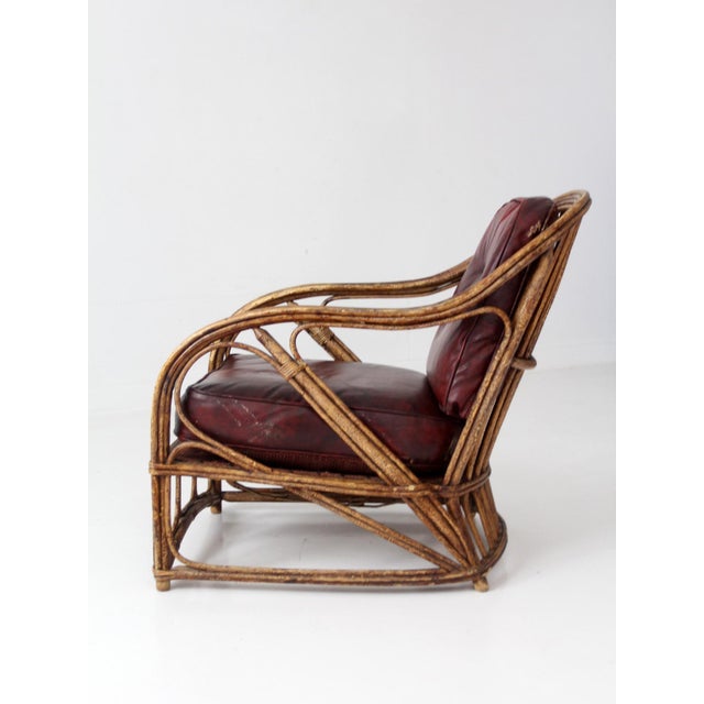 Wood Antique Rattan Lounge Chair With Oxblood Cushions For Sale - Image 7 of 18