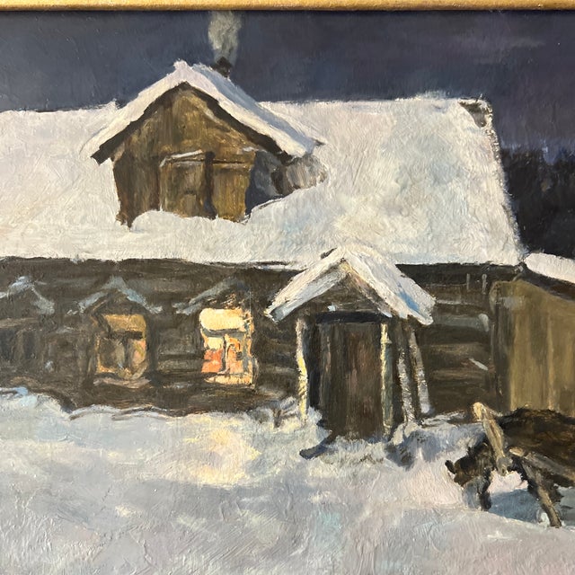 1960s 20th Century Eurooean School Oil on Canvason Board by V.Rozhkov Artist Titled Night Is Coming Made in 1994 Framed Signed For Sale - Image 5 of 11