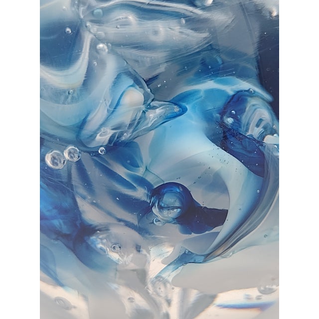 Glass Signed Vintage Handblown Glass Paperweight With Blue & White Ribbon Swirl, 2003 For Sale - Image 7 of 11