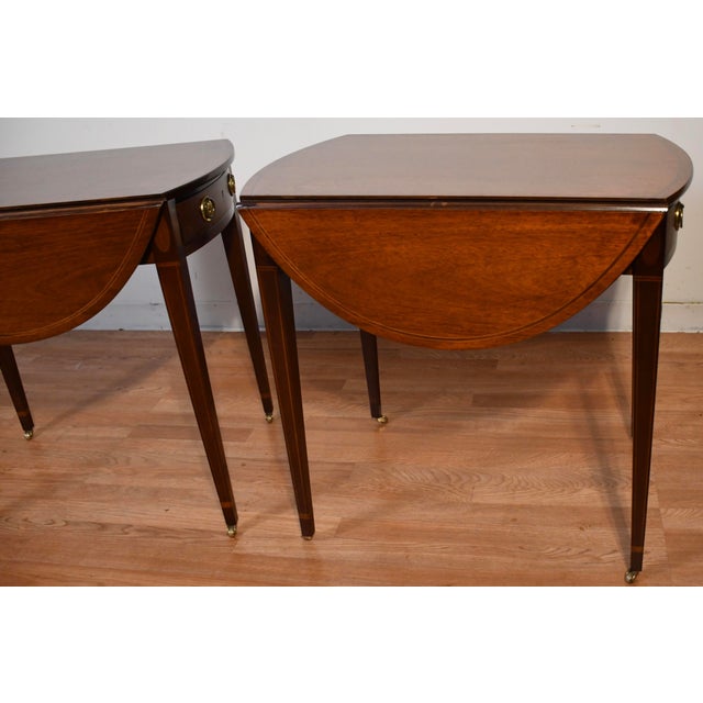 1940 Pair of Baker Furniture Regency Mahogany Inlaid Pembroke Side / End Tables For Sale - Image 12 of 18