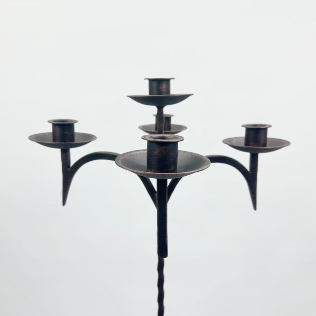 Gothic Hand Forged Iron Floor Candelabra 49″ (124cm) Antique Copper Patina 5-Arm Classic Candle Holder Gothic Church Decor For Sale - Image 3 of 8