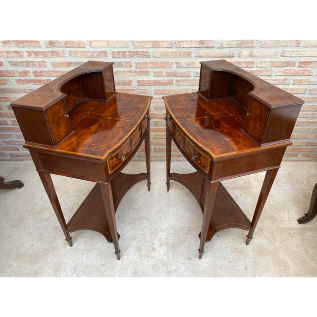 1940s Pair of Neoclassical Marquetry Bedside Tables With Drawers and Upper Compartment For Sale - Image 10 of 18